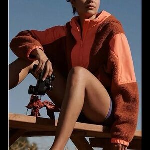 Free People Two-Tone Rust & Coral Teddy Fleece Zip Jacket